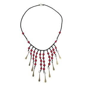 Vintage Beaded Bib Necklace, Red & Black, Hand Hammered Brass Drops